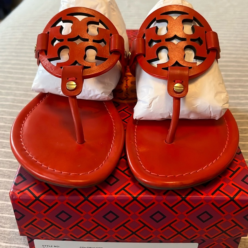 Never worn Tori Burch Miller sandals in Poppy Orange, size 9.5